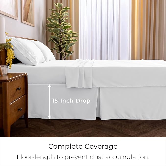 Mellanni Bed Skirt Cal King Size- Bed Skirting - 15-Inch Tailored Drop Pleated Dust Ruffle - Hotel Luxury Bedding - Wrinkle, Fade, Stain Resistant - 1 Bedskirt (Cal King, White)