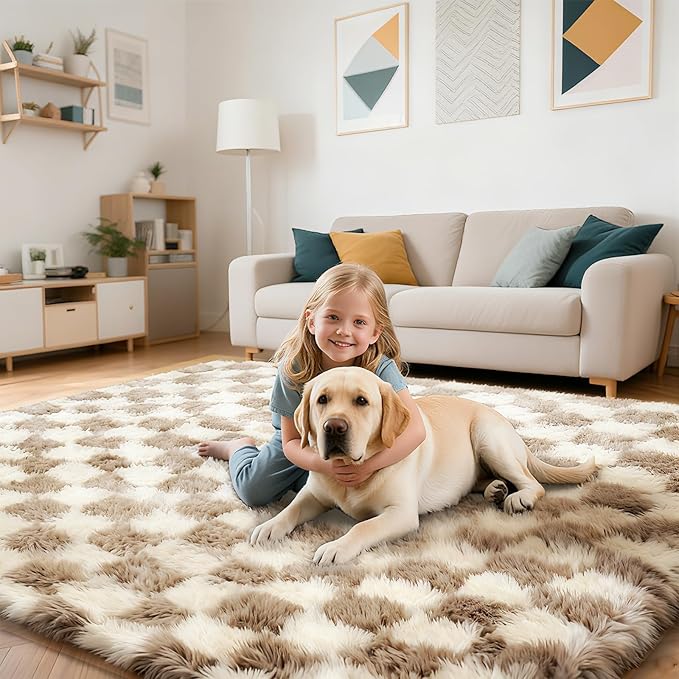 Checkered Rug for Living Room, 8x10 Beige and White Area Rugs, Classic Checkered Carpets Shaggy Area Rug, Bedside Rugs for Living Room Bedroom Kids Room Home Decor
