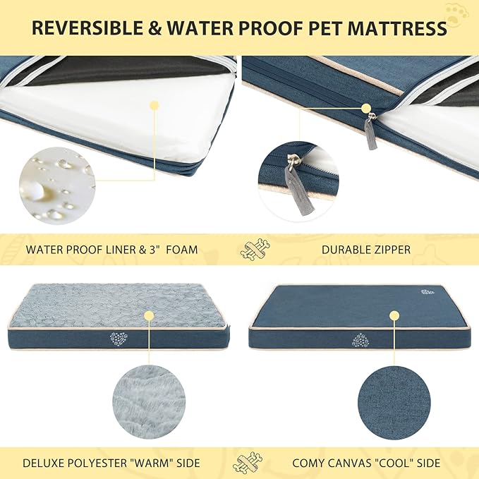 VANKEAN Waterproof Dog Pad Bed Mat Reversible (Warm&Cool), Removable Washable Cover & Waterproof Inner Lining, Pet Mattress for Cats and Dogs, Joint Relief Crate Bed, Navy-Medium