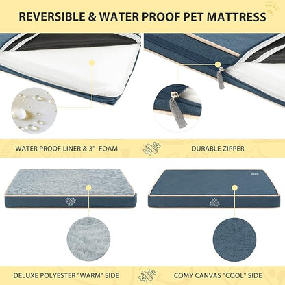 VANKEAN Waterproof Dog Pad Bed Mat Reversible (Warm&Cool), Removable Washable Cover & Waterproof Inner Lining, Pet Mattress for Cats and Dogs, Joint Relief Crate Bed, Navy-Medium