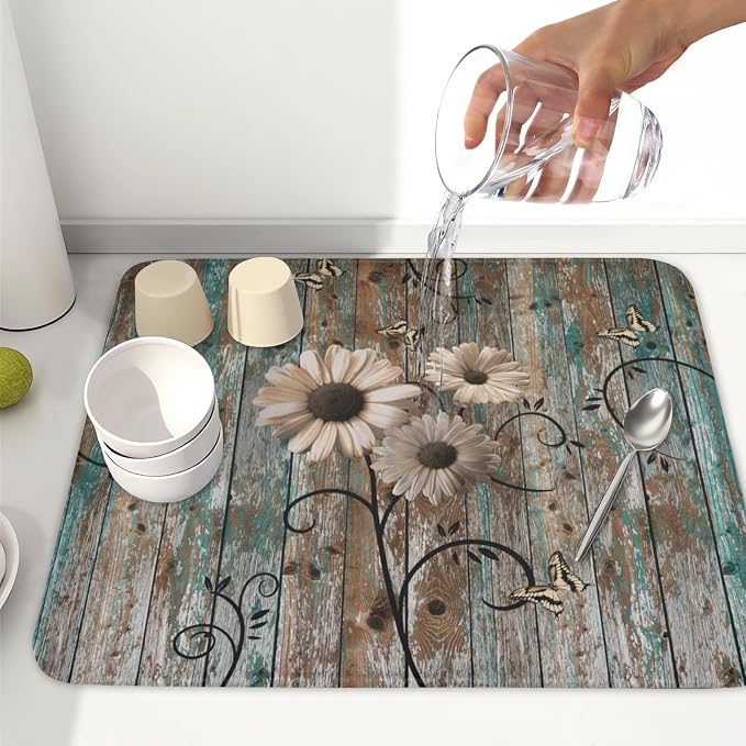 Spring Daisy Dish Drying Mat for Kitchen Counter 16 x 18 Inch Vintage Farmhouse - Image 6