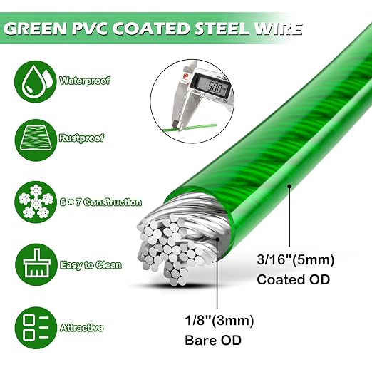 M6 Turnbuckles for Cables Wire, 3/16" Green PVC Coated Wire Rope Kit - Image 3