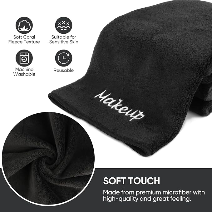 Makeup Remover Cloth, 12 Pack Black Facial Wash Cloths, Soft Coral Fleece - Image 3