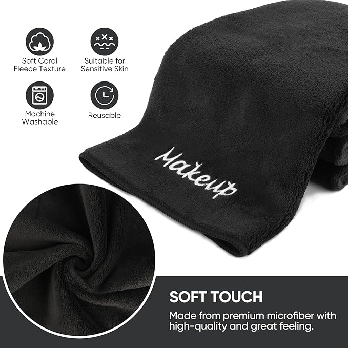 Makeup Remover Cloth, 48 Pack Black Facial Wash Cloths, Soft Coral Fleece - Image 3