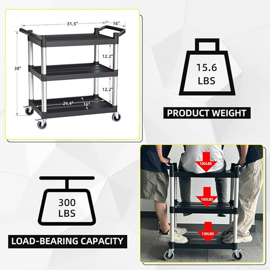 Plastic Utility Carts with Wheels, 3-Tier Rolling Service Cart, 300 lbs Heavy - Image 2