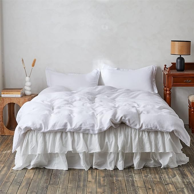 BISELINA White Ruffled Bed Skirt 22-Inch Tailored Drop Cotton Voile Dust Ruffle Soft Cozy Elegant Luxurious Bedding (22" King, White)