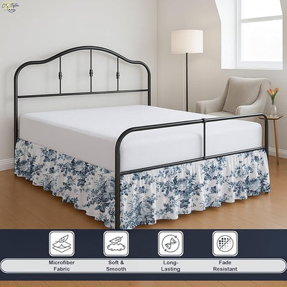 Cottington Lane Ruffled Bed Skirt Twin Size with Split Corner, Brushed Microfiber Hotel Quality Dust Ruffle, 21 Inch Drop Gathered Bedskirt, Soft, Stylish, Shrink & Fade Resistant, Blue Floral Bliss