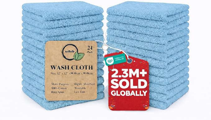Softolle 100% Cotton Washcloths 24 Pack Soft, Highly Absorbent Washcloth by Softolle