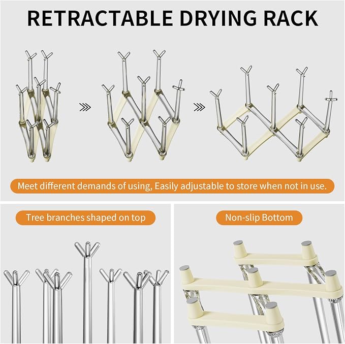 Marbrasse Retractable Cup Drying Rack, Drinking Glass and Sports Bottle Drainer - Image 3