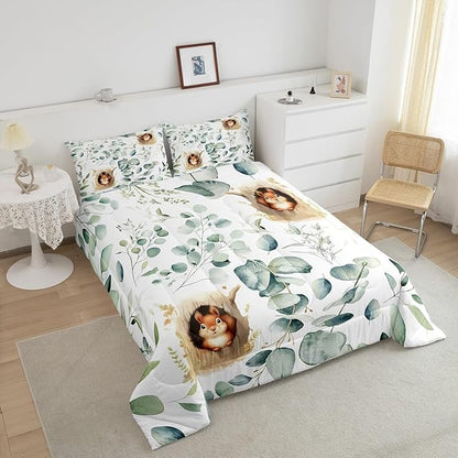 Erosebridal Kawaii Squirrel Bedding Twin for Boys Girls Cartoon Animal Comforter Set Twin, Eucalyptus Leaves Duvet Insert Jungle Wildlife Quilt Comforter, Tropical Plants Bedding Comforters & Sets