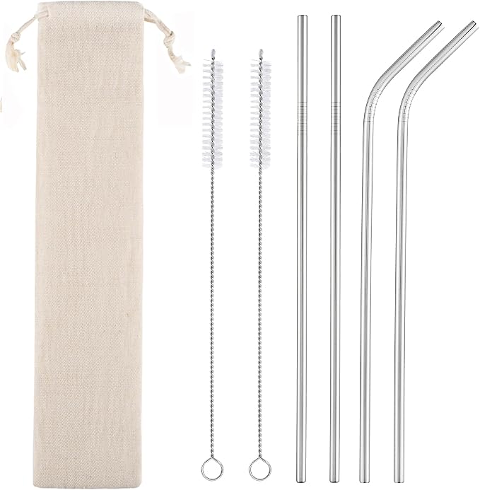 Set of 4 Reusable Metal Straws, 10.5'' Long Stainless Steel Straw by CAMDEA