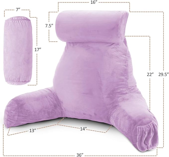 Nestl Reading Pillow with Shredded Memory Foam Includes 2 Neck and Lumber Support Pillows, Designed for Sitting Up in Bed and Couch, Back and Arms Adjustable Support for Adult & Teens, Lavender