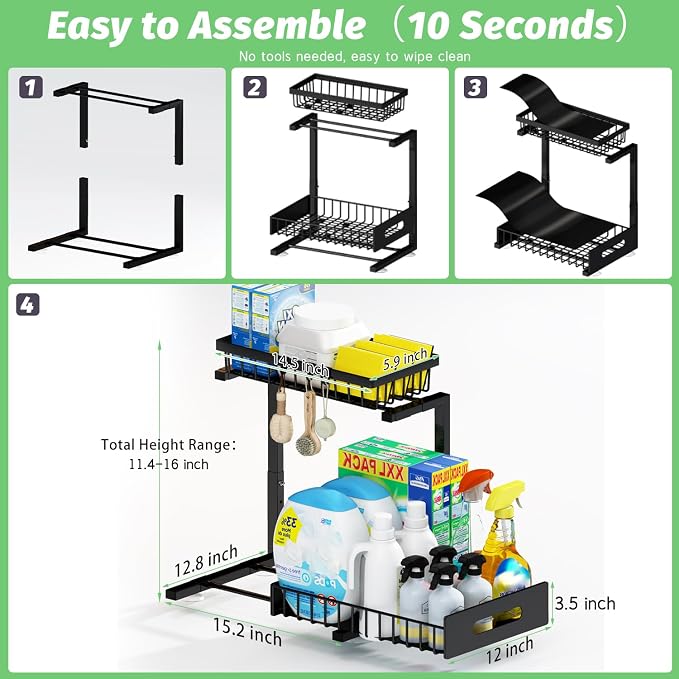 ADBIU Under Sink Organizer, 2 Packs 2 Tier Expandable Height Under-Sink - Image 2