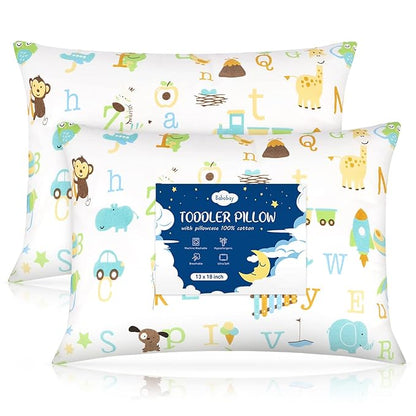 Babebay Toddler Pillow,13 x 18 Kid Pillows for Sleeping, Machine Washable Kids Pillow with Soft Cotton Pillowcase, Perfect for Travel, Toddlers Cot (Animal Letters)