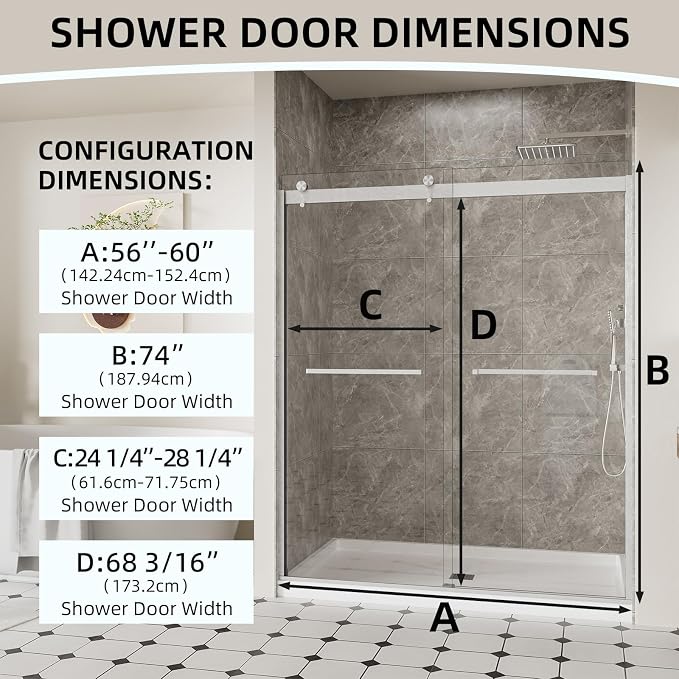 56-60" W x 74" H Frameless Shower Door, Double Sliding Shower Door - Image 4