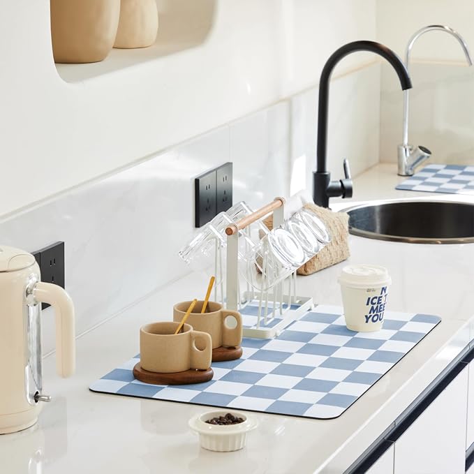 Checkered Dish Drying Mat for Kitchen Counter, Coffee Bar, Coffee Station by Ohocut