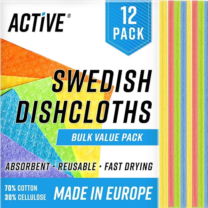 ACTIVE Swedish Dish Cloths for Kitchen 12 Pack Cellulose Sponge Cloth, Washable by ACTIVE
