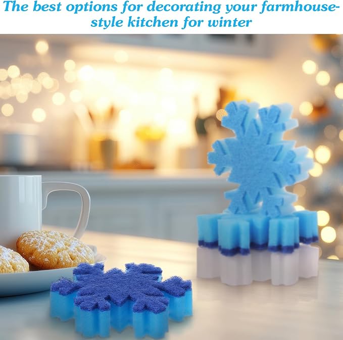 Tioncy 12 Pack Christmas Snowflake Sponges Bulk White Blue Dual Sided Scrubber - Image 6
