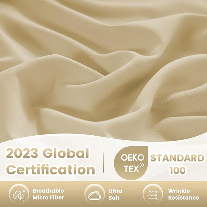 Breathable Cooling Full Sheet Set - Hotel Luxury 4 Piece Deep Pocket Sheets for Full Size Bed, Fits 16" Mattress, Easy Care Wrinkle Free Bedding Sheet and Pillowcase Set, Beige