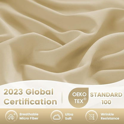 Breathable Cooling Full Sheet Set - Hotel Luxury 4 Piece Deep Pocket Sheets for Full Size Bed, Fits 16" Mattress, Easy Care Wrinkle Free Bedding Sheet and Pillowcase Set, Beige