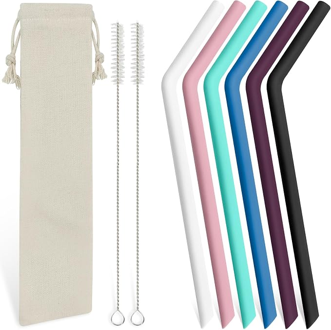 6 Pcs Bent Silicone Drinking Straw Set – Multi-Color, Reusable Silicone Straws by Baipesiy