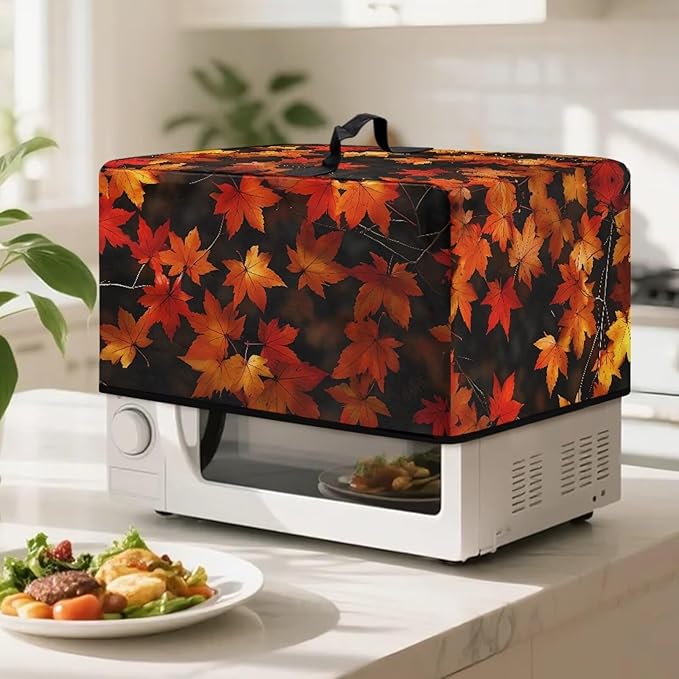Microwave Oven Cover, Thanksgiving Maple Leaf Dustproof Machine Protector Decorative Kitchen Appliance Cover Waterproof Polyester Fabric for Most Countertop Microwaves Easy to Clean