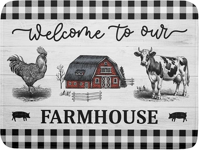 Farmhouse Barn Dish Drying Mat 18x24 Inch Cow Rooster Absorbent Microfiber Dish by Giwawa