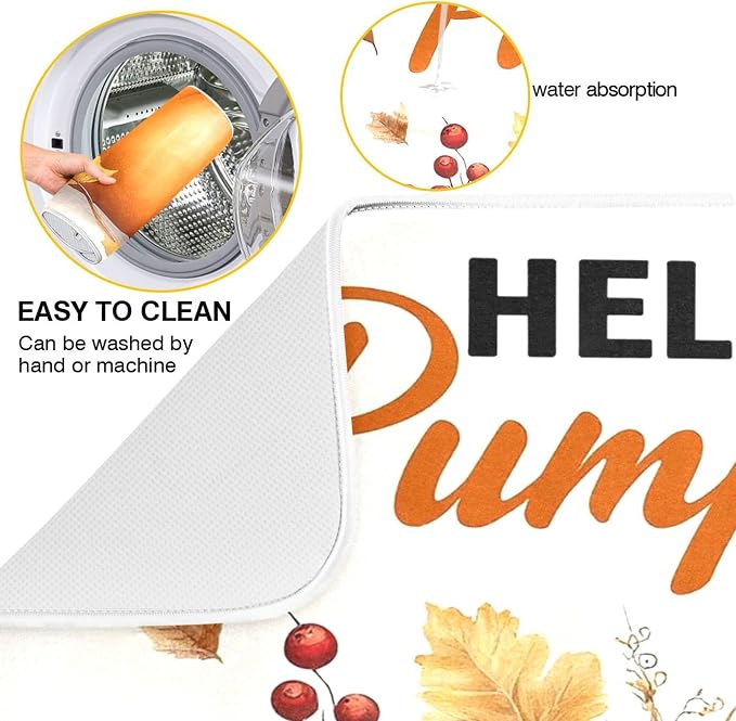 Hello Pumpkin Dish Drying Mat for Kitchen Countertop 18x24 Fall Harvest Leaves - Image 2