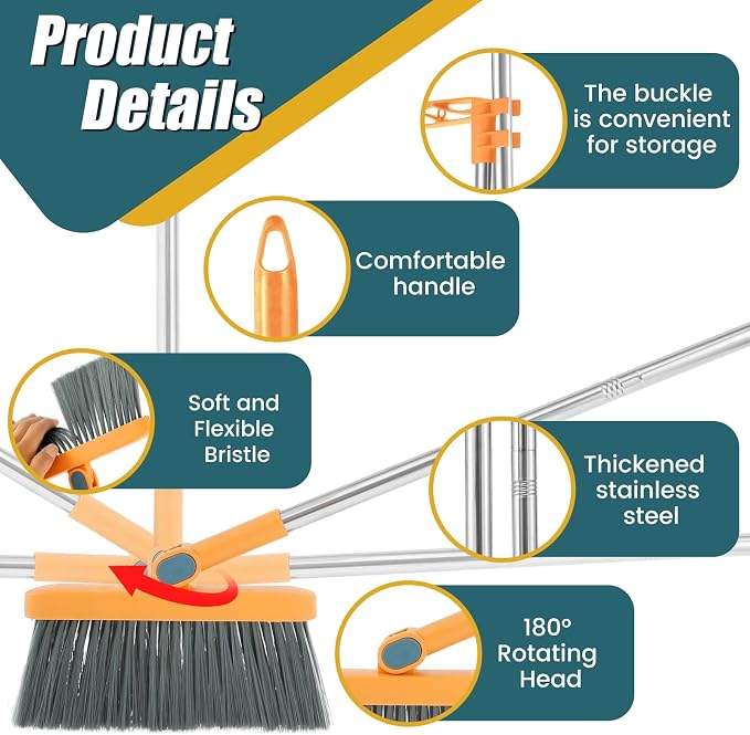 Broom and Dustpan Set for Home, 180° Rotating Broom Combo, Foldable Stand Dust - Image 2
