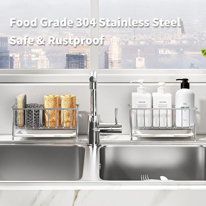 Kitchen Sink Sponge Holder, 304 Stainless Steel Soap Dispenser Caddy Organize - Image 6