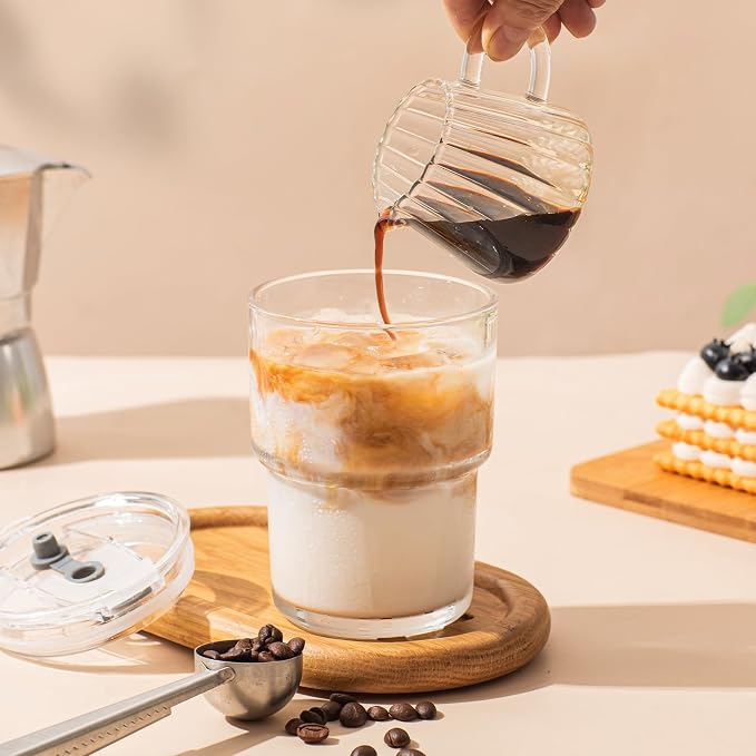 13oz Glass Tumbler with Lid and Glass Straw Set of 4 – Thick-Walled Iced Coffee - Image 5