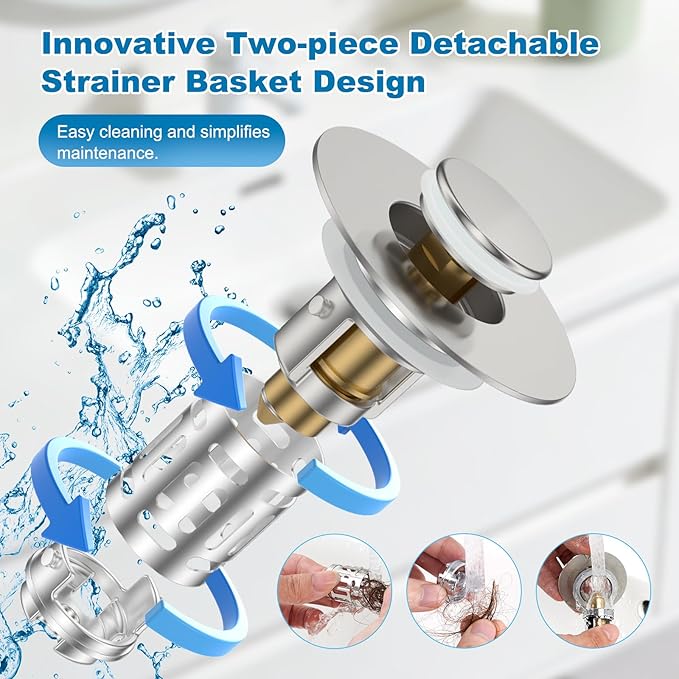 Hibbent Universal Bathroom Sink Drain Strainer, Upgraded 3 in 1 Pop Up Stopper - Image 3