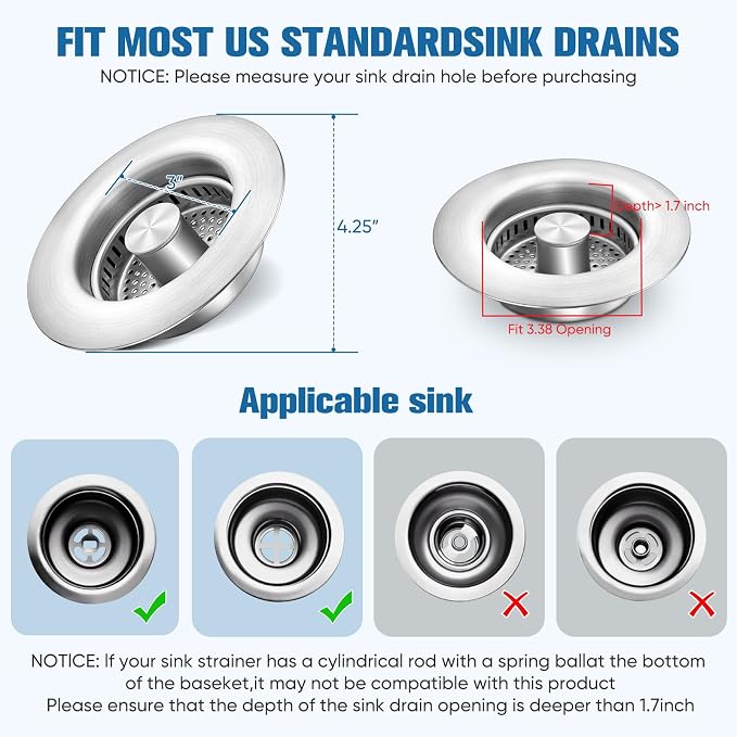2 Pack Sink Drain Strainer Kitchen Sink Drain Strainer&Sink Stopper, Stainless - Image 5