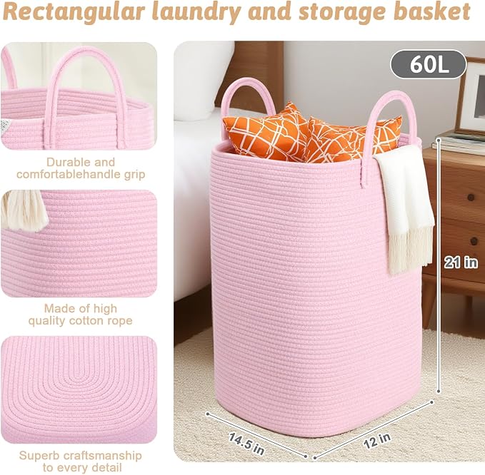 Laundry Basket, Woven Cotton Rope Laundry Hamper, 60L Versatile Storage - Image 2