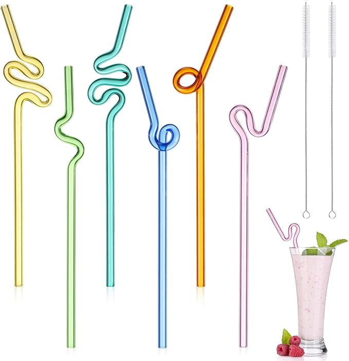 Yinkin 6 Pcs Wavy Glass Straws Reusable Curved Straw Shatter Resistant by Yinkin