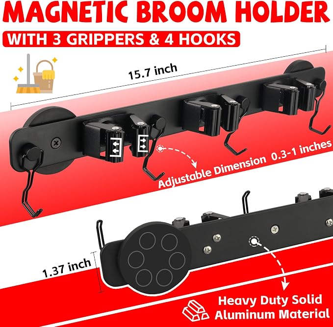 Magnetic Mop Broom Holder, Heavy Duty Movable Magnetic Wall Mount Tool Racks - Image 2