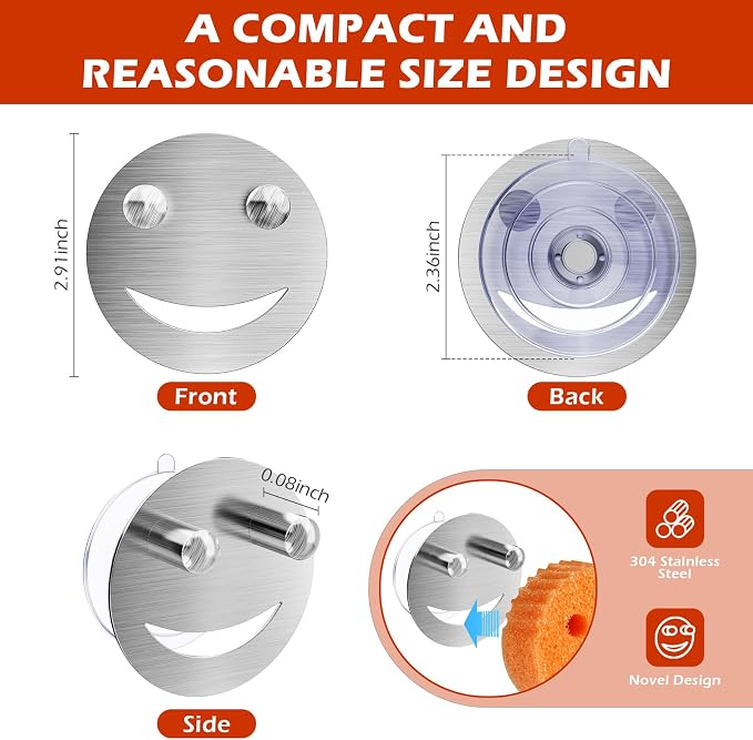 Stainless Steel Smiley Face Sponge Daddy Holder, Brushed Silver Sink Caddy - Image 3