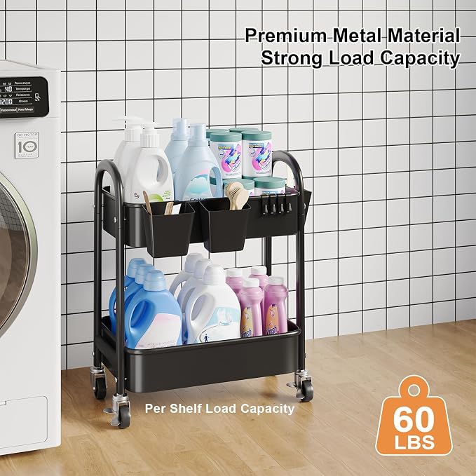 2 Tier Rolling Cart Metal on Wheels, Two Tiered Short Storage Side Table - Image 5
