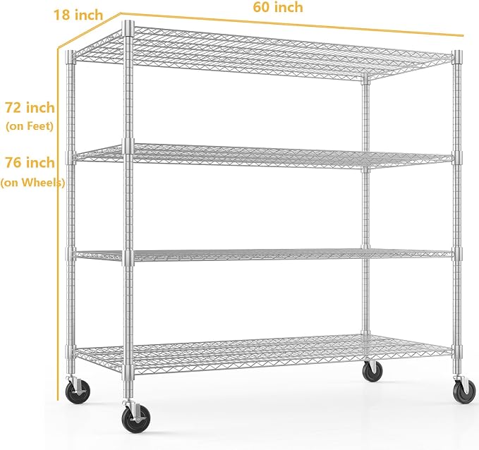 Himimi Storage Shelves with Wheels, 4-Tier Heavy Duty Steel Wire Rack Storage - Image 2