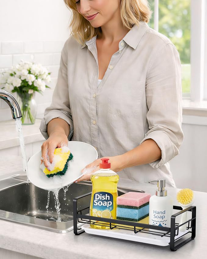 HULISEN Large Sponge Holder, 304 Stainless Steel Kitchen Soap Dispenser Caddy - Image 3