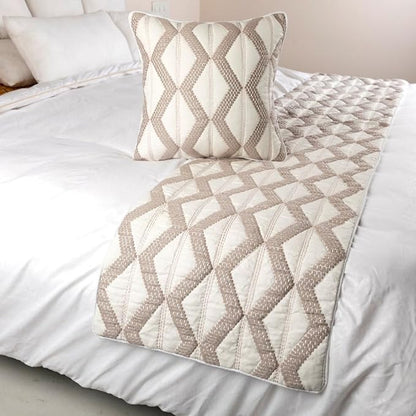 The HomeCentric Ivory Bed Runner Without Pillow Cover, CA King Size 86"x18" Decorative Bed Runner, Ivory & Taupe Linen Bed Scarf in Quilted Pattern & Linen Embroidery - Pattern Flatter