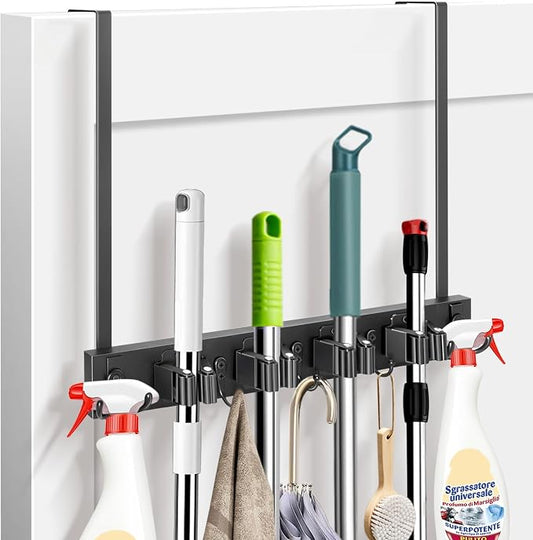 Mop and Broom Holder Over the Door, Wood Broom Hanger, Broom and Mop Organizer by Unknown
