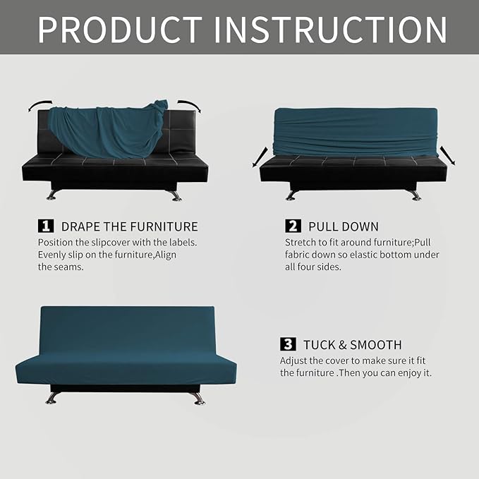 Easy-Going Stretch Futon Slipcover Armless Futon Bed Cover Furniture Protector Without Armrests with Elastic Bottom for Kids, Soft Jacquard Fabric Small Checks (Large, Deep Teal)