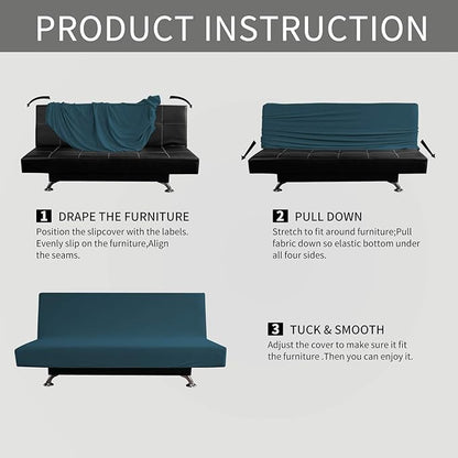 Easy-Going Stretch Futon Slipcover Armless Futon Bed Cover Furniture Protector Without Armrests with Elastic Bottom for Kids, Soft Jacquard Fabric Small Checks (Large, Deep Teal)