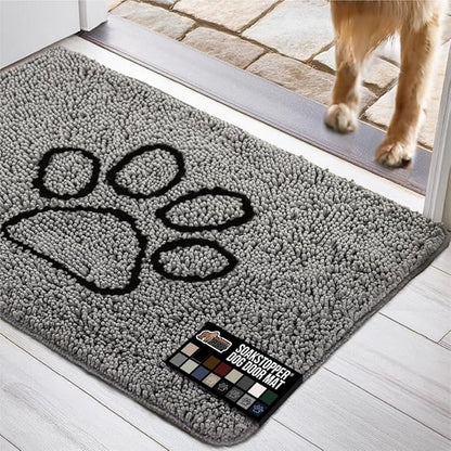 GORILLA GRIP SOAKSTOPPER Dog Door Mat, 35x24 Machine Washable Rug Absorbent Doormat Captures Moisture Mud Dirt, Quick Dry Soft Chenille Entryway Rugs Indoor Entrance Mats for Dog Paws, Paw Gray