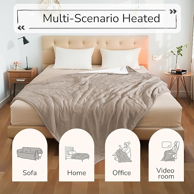 Electric Heated Blanket King Size 90"x100" - Dual-Sided with Microplush & Sherpa Fabric, 4 Heat Settings & 10 Hours Auto Off, Machine Washable - Light Brown