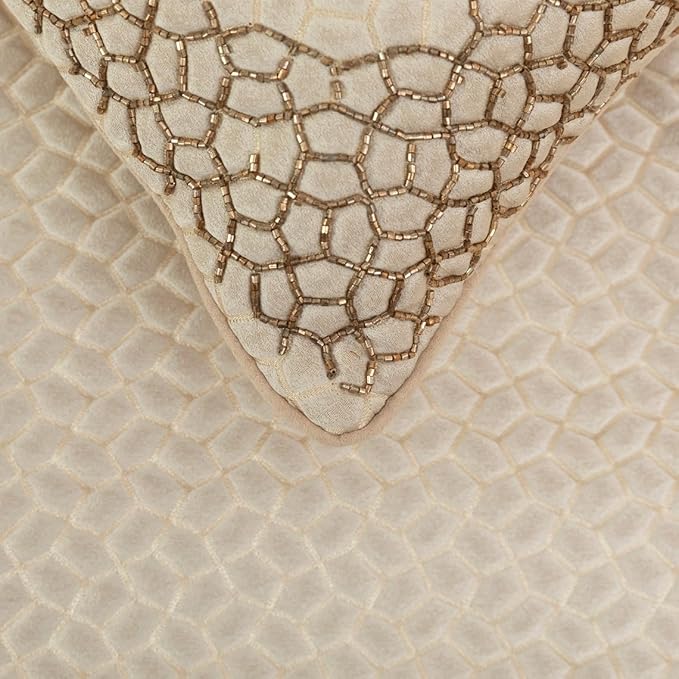 The HomeCentric King/Queen/Twin Ivory & Gold Decorative Twin 53"x18" Bed Runner with Pillow Cover, Mosaic & Beaded Bed Scarf on Jacquard Fabric - Tessellation