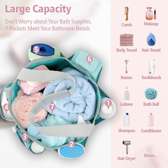 F-color Mesh Shower Caddy Portable, Large Capacity Shower Bag Basket Tote - Image 2