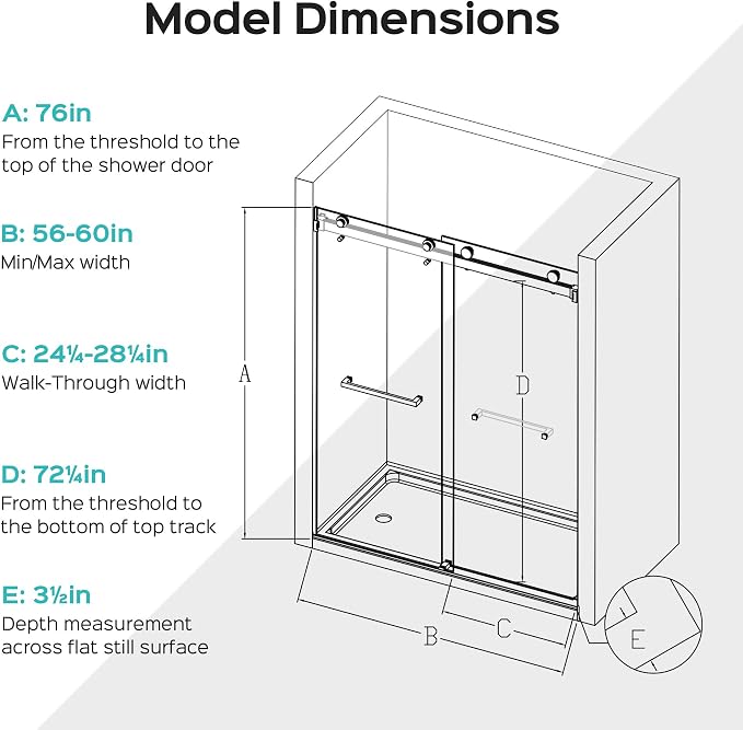 56''-60''W x 76''H Frameless Double Sliding Shower Door, 3/8'' Thick SGCC - Image 8