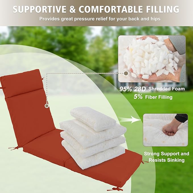 Chaise Lounge Cushion 72x21x3 Inch ?Set of 2 Outdoor Lounge Chair Cushions, Lounger Pad Replacement with Fade-Resistant, Removable & Machine-Washable Covers, Ideal for Patio Chaise Chairs, Rust